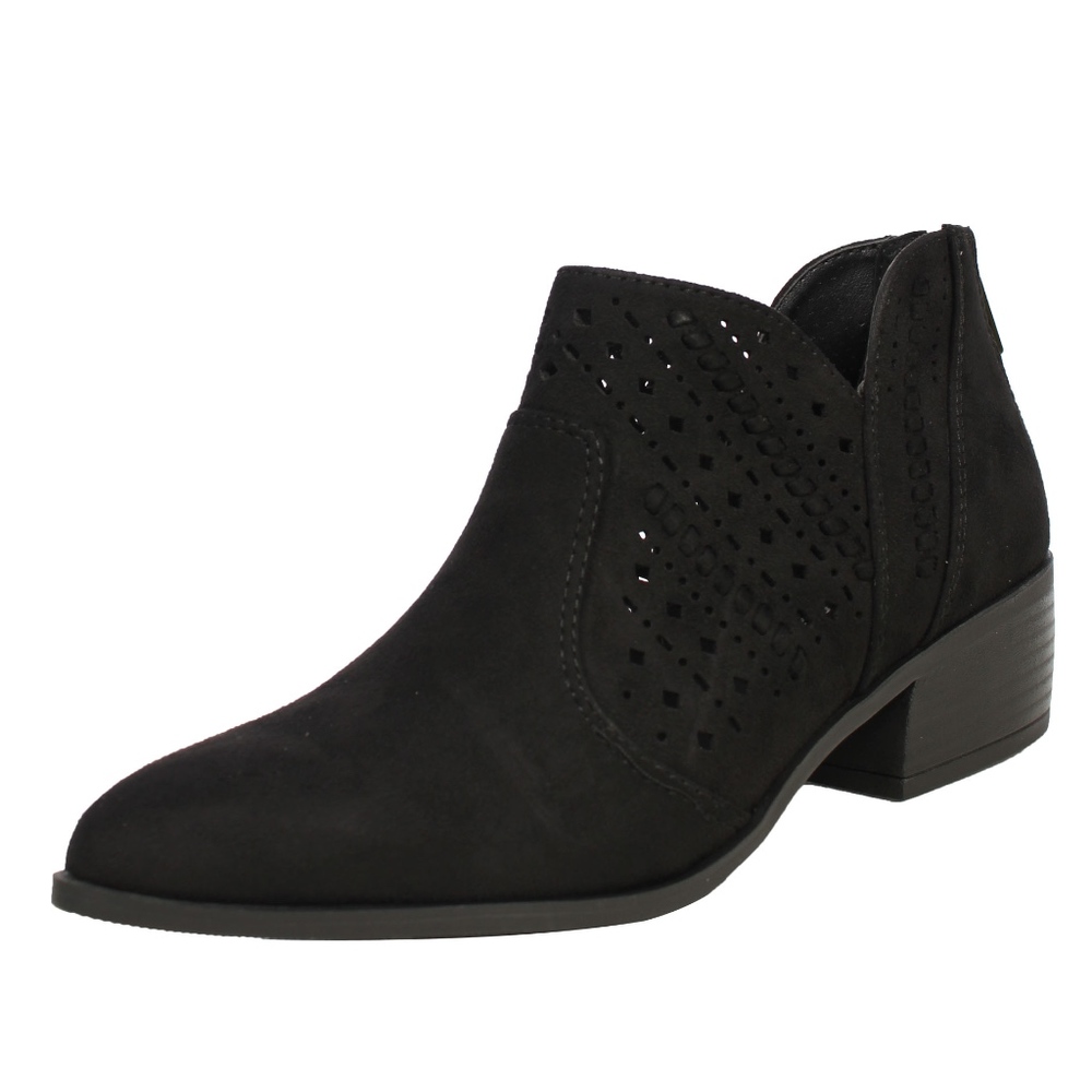 Black Faux Suede Perforated Low Heel Ankle Boot - Picture 3 of 6